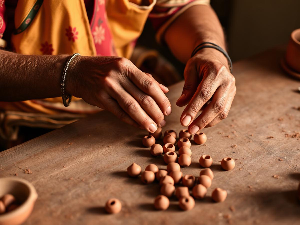 Artisan hands rolling terracotta clay beads at a wooden table